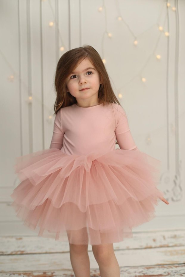 Long Sleeve Girl's Ballerina Dress with Back Detail and Tutu Skirt