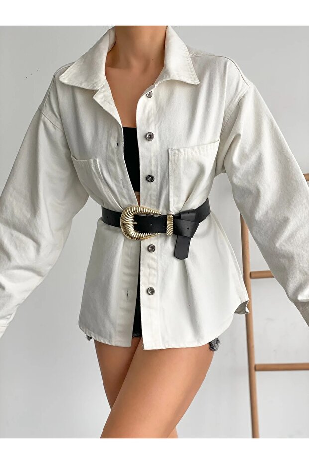 DF5403 Çift Cepli Oversize Denim Gömlek Ceket - 4