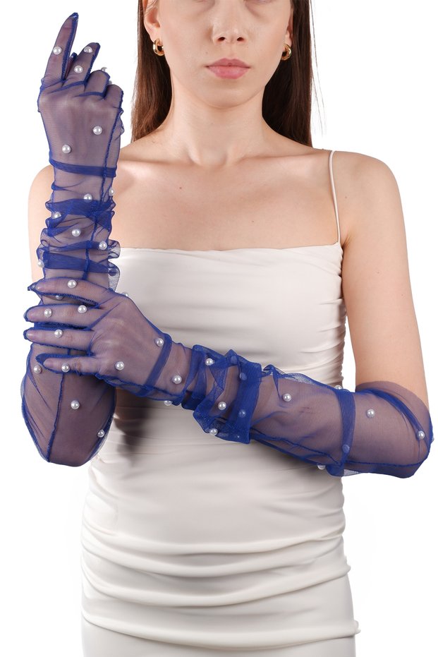 Elegant Chic Bridal Costume with Pearls Wedding Gloves Long Tulle Gloves for Special Occasions Sa Cobalt Avi