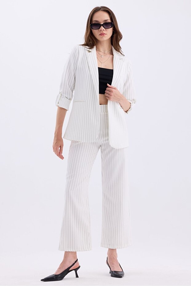 Women's Striped Collapsible Double-Breasted Blazer Jacket and Trousers Classic Two-Piece Set