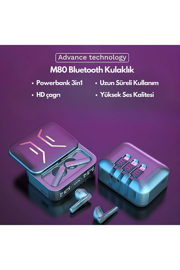 M80 Powerbankli Kablosuz Dokunmatik Mikrofonlu Bluetooth Kulaklık İos Android Uyumlu - 2
