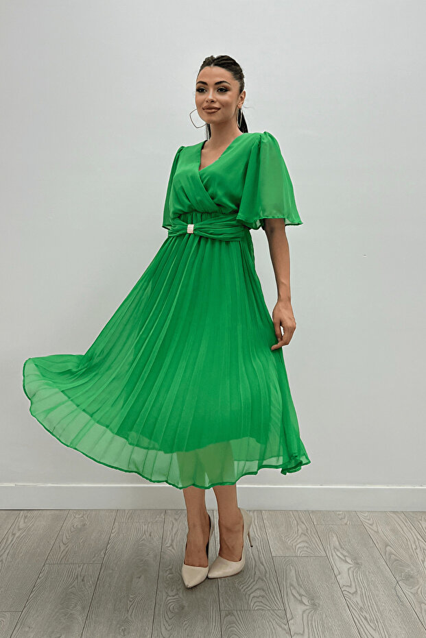 Şifon Kumaş Kruvaze Yaka Pliseli Midi Elbise - YEŞİL - 2
