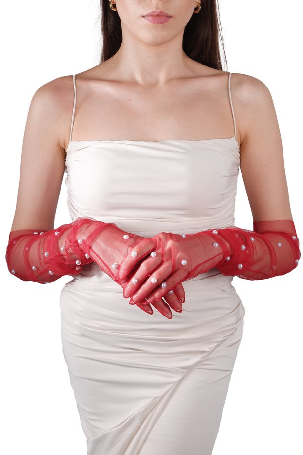 Elegant Chic Bridal Costume Wedding Gloves with Pearls Long Tulle Gloves for Special Occasions Red