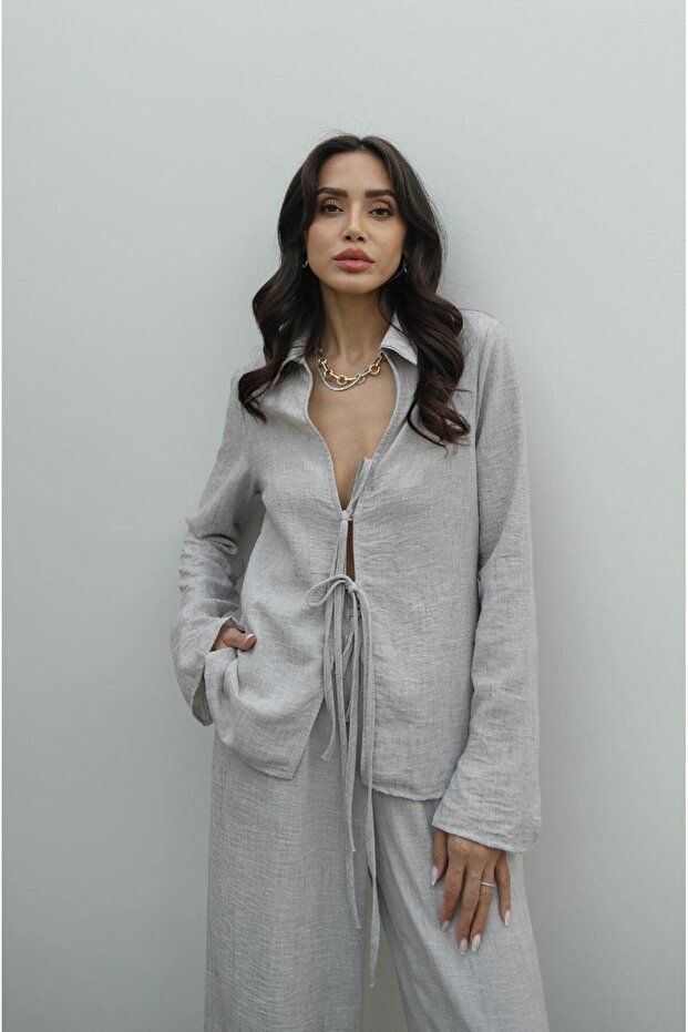 طقم بلوزة وبنطلون كتان - 1