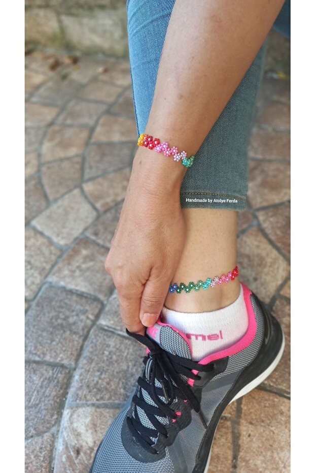 Flower Garden Rainbow Color Anklet and Bracelet Set