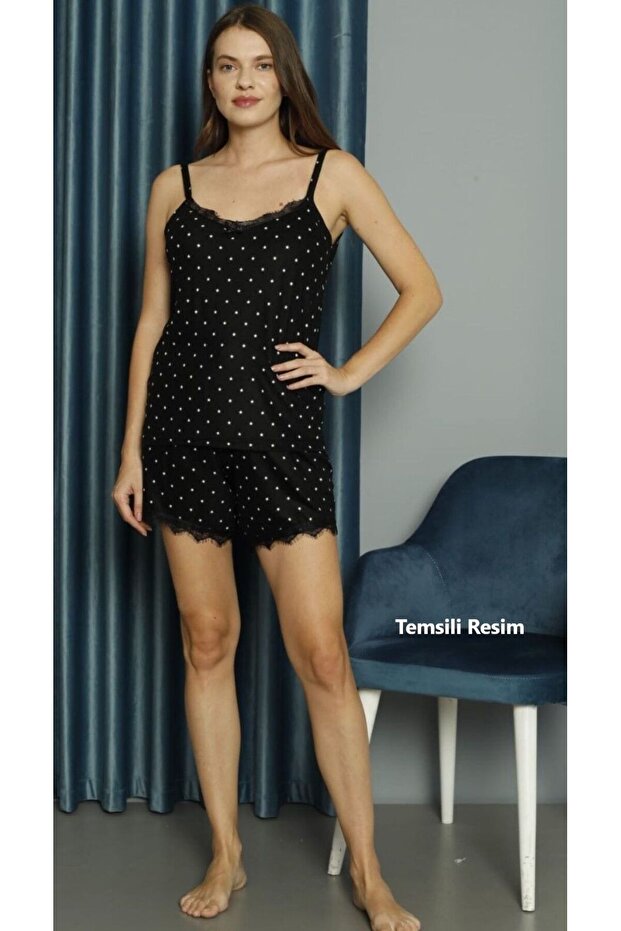 Black Polka Dot Patterned - Lace Bustier Shorts Pajama Set