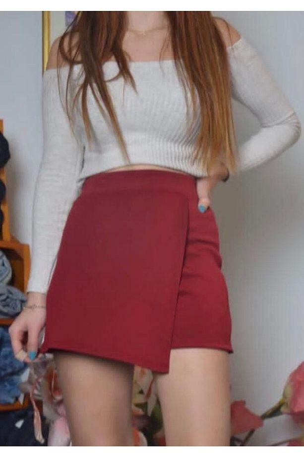 Bordo Kapaklı Şort Etek - 1