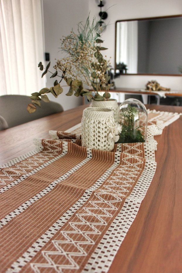 Cotton Shawl Motif Lace Knitted Kilim Pattern Runner 35X150 (Sğn Kahve)