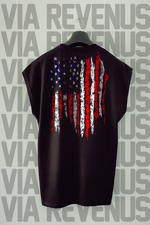 America Flag Back Printed Zero Sleeve Black Sports T-Shirt