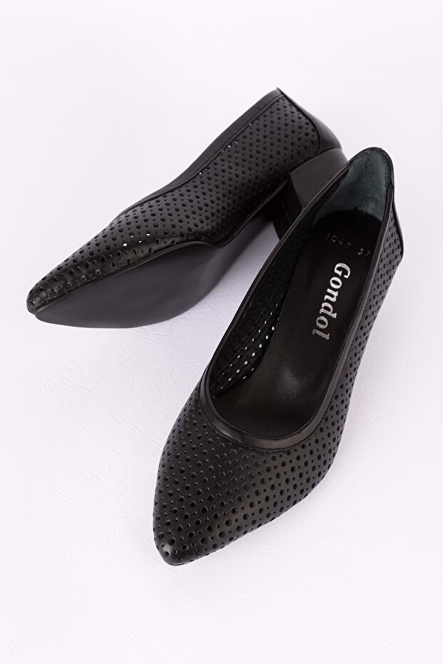 Genuine Leather Summer Perforated Classic Heeled Shoes Şhn.1047