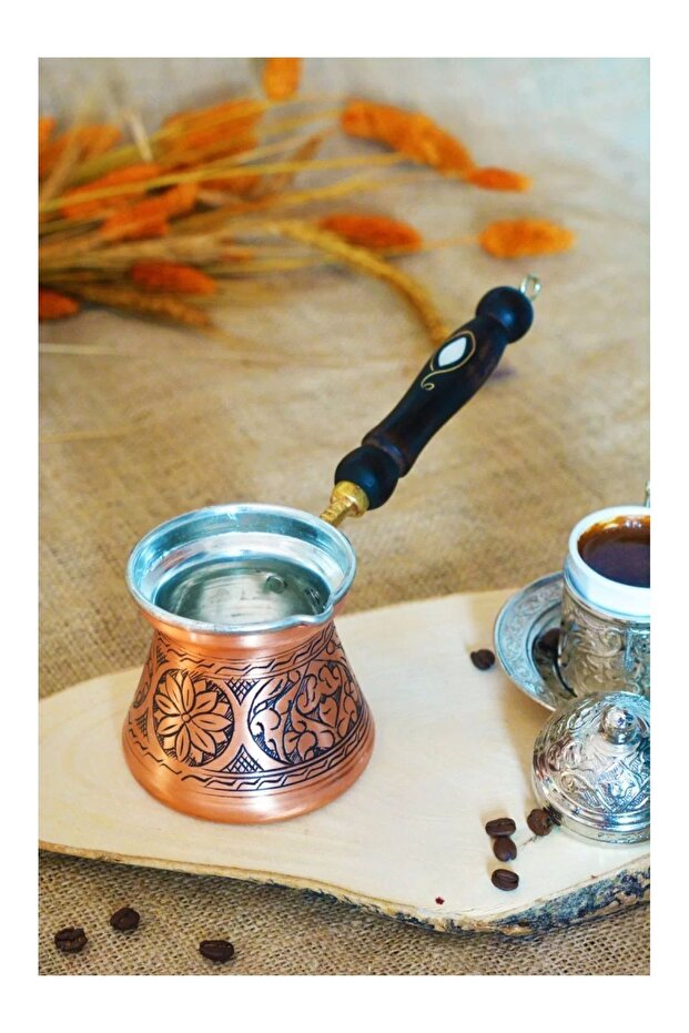Copper Coffee Pot with Mother-Of-Pearl Handle, Carved and Embroidered, Copper Color (for 3 People)