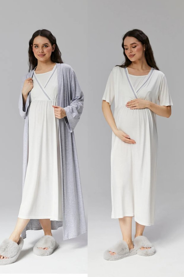 Women's Gray Design Summer Cotton Maternity Pajamas Nightgown Set of 2