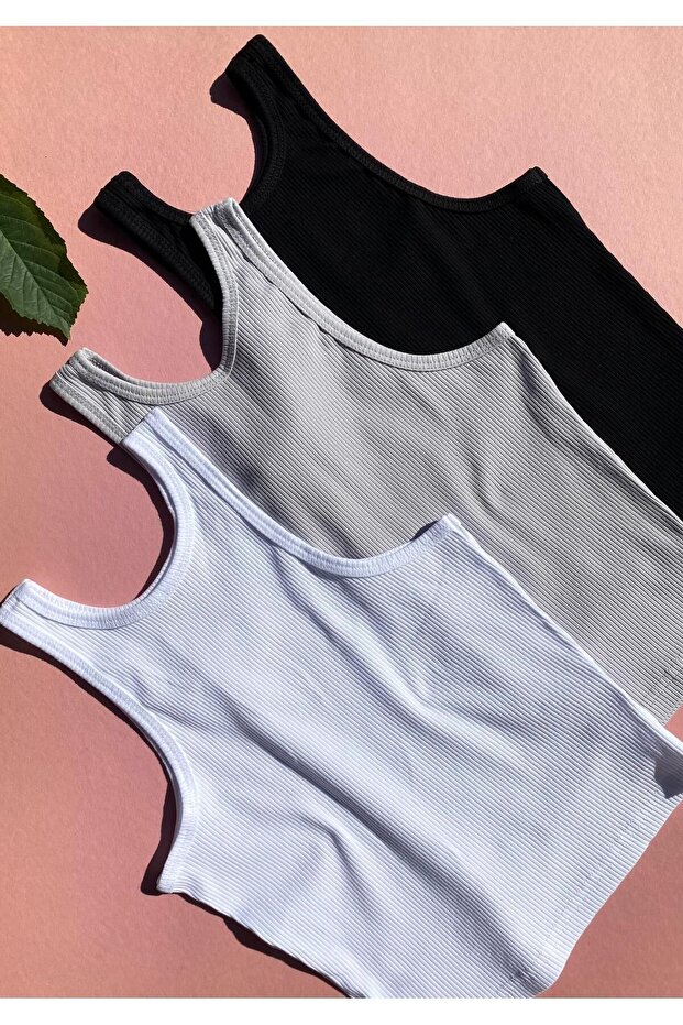 Corded 3-Piece Black, White and Gray Cotton Half Undershirt-Crop
