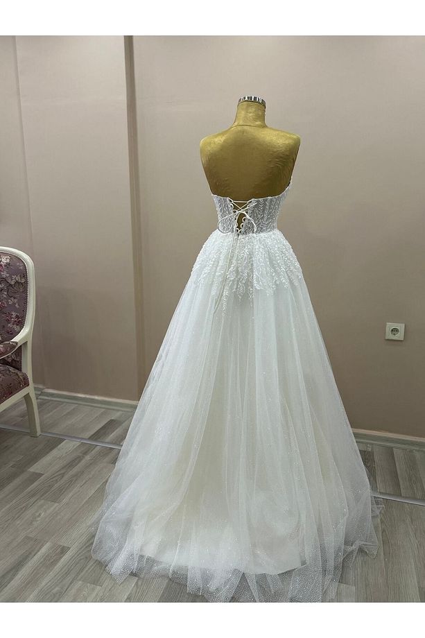 Helen Model Simli Tüllü Straplez Dantelli Ve Boncuk Işlemeli, Transparan Gelinlik - 5