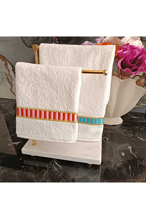 PİP STUDİO DESENLİ KIRMIZI VE MAVİ NAKIŞ DETAYLI MUTFAK VE BANYO HAVLUSU 2 ADET - 4