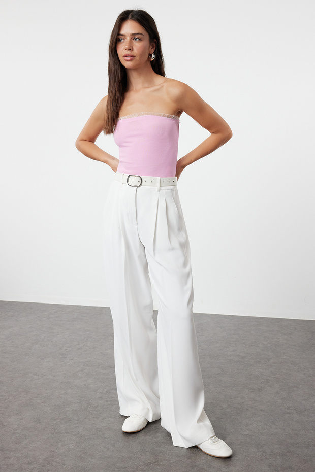 Pembe Fitilli Straplez Yaka Dokuma Garnili Vücuda Oturan Pamuklu Crop Örme Bluz TWOSS24BZ00361 - 2