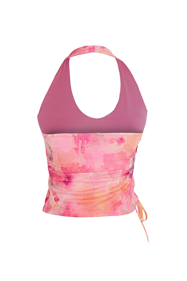 Pembe Soyut Desenli Boyundan Bağlamalı Büzgü/Drape Detaylı Vücuda Oturan Örme Bluz TWOSS24BZ00630 - 7