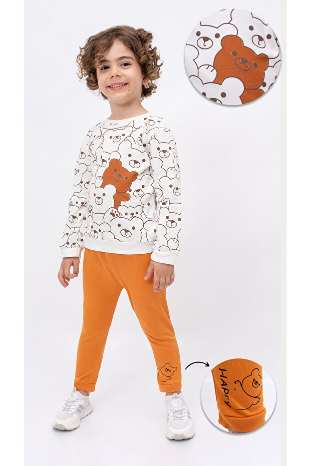 Baby Kids 2-Piece Hooded Top and Bottom Set 100% Cotton Long Sleeve Bear Pattern - Mustard