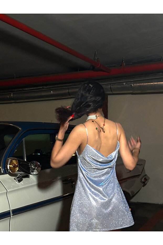 Özel Tasarım Bebe Mavi Simli Mini Elbise - 6