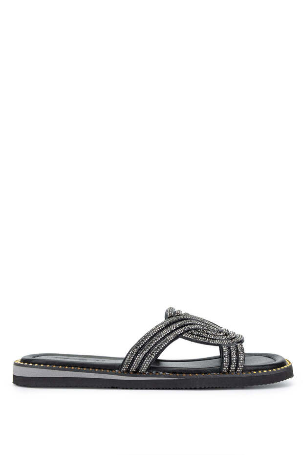 Women's Genuine Leather Black Flat Slippers