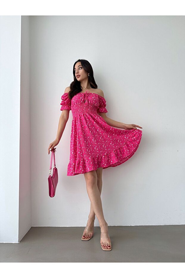 Women's Madonna Neckline Elastic Waist Ruffled Floral Mini Flared Dress