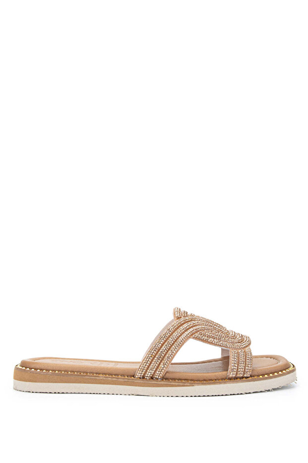 Women's Genuine Leather Beige Flat Slippers