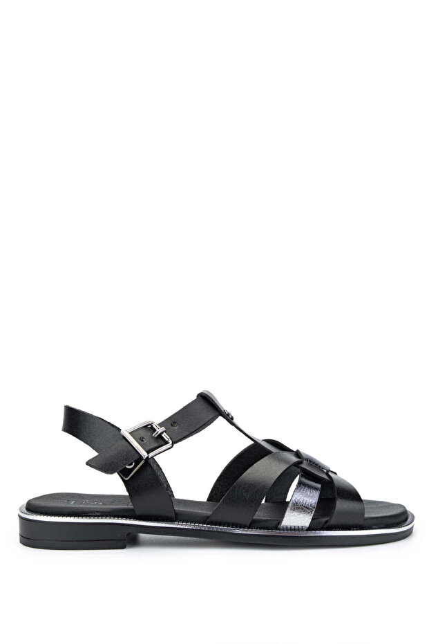 Women's Genuine Leather Black Flat Sandals