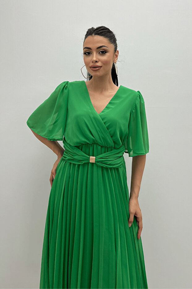 Şifon Kumaş Kruvaze Yaka Pliseli Midi Elbise - YEŞİL - 3