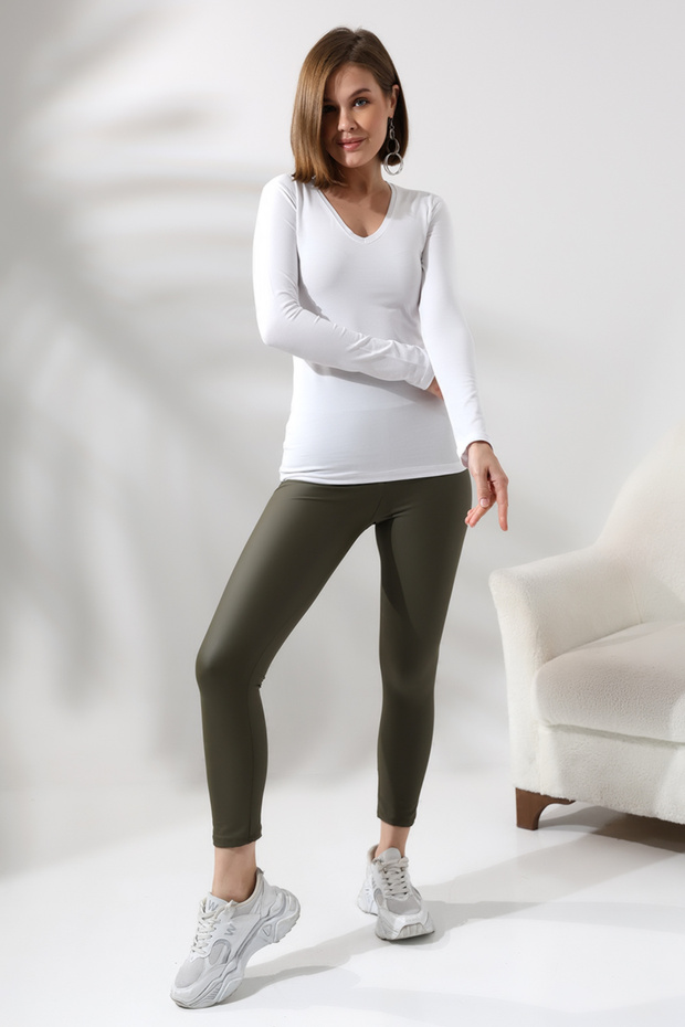 Long Sleeve V-Neck Combed Cotton Compact Bodysuit 19645 White