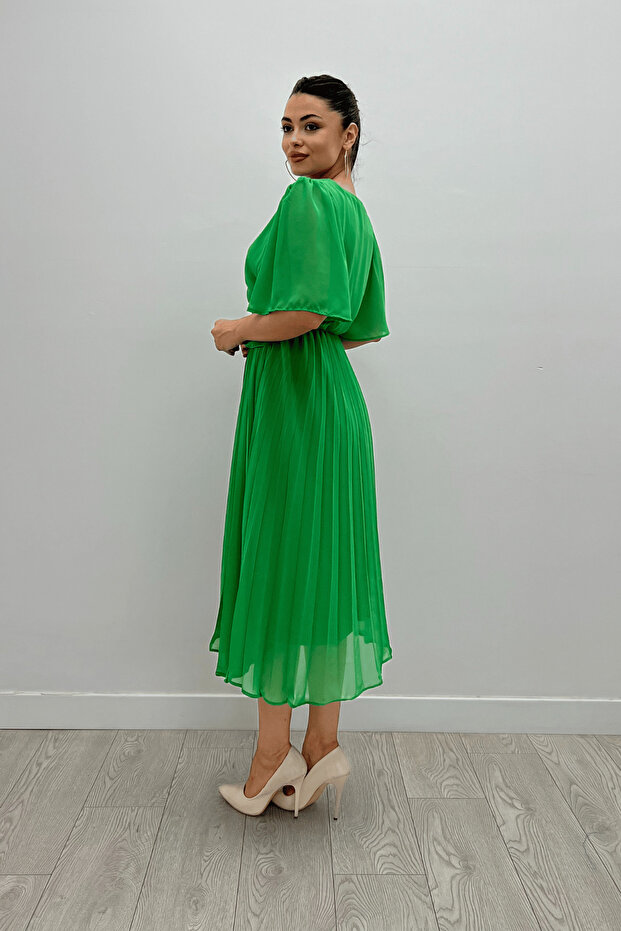 Şifon Kumaş Kruvaze Yaka Pliseli Midi Elbise - YEŞİL - 5