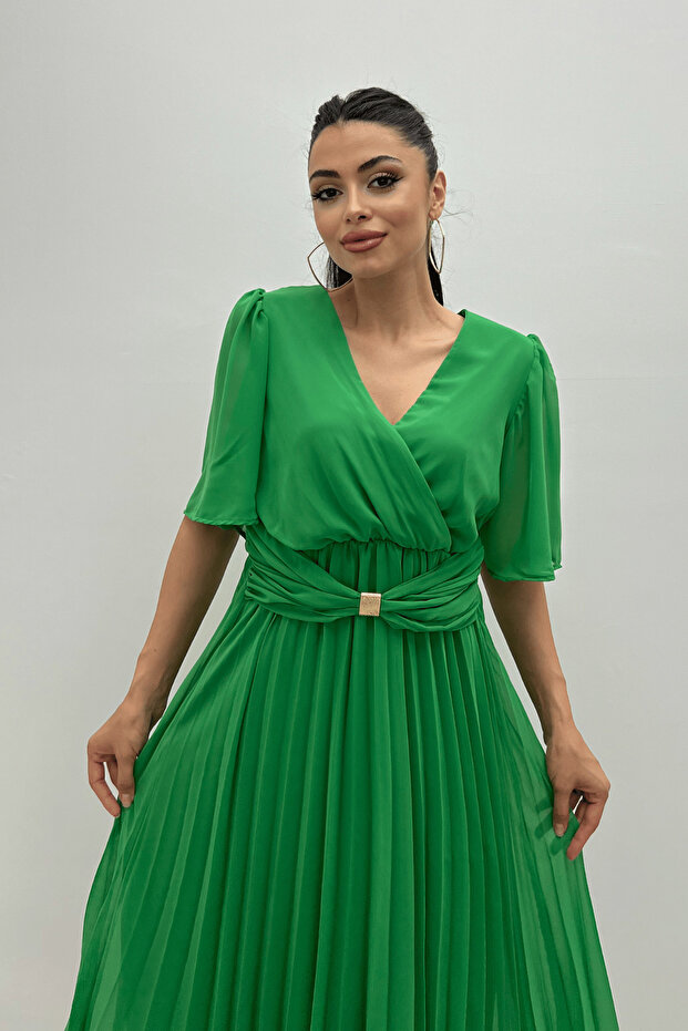 Şifon Kumaş Kruvaze Yaka Pliseli Midi Elbise - YEŞİL - 4