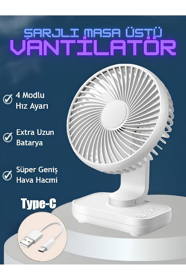 Mini Soğutucu Vantilatör Type-C Şarjlı Masa Üstü Fan Taşınabilir 4 Mod Hız Ayarlı Pervane - 1