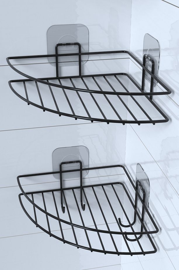 Yapışkanlı Banyo Köşeliği Kancalı Köşe Rafı Duş Şampuanlık Duvar Düzenleyici Organizer Raf 2 Li Set - 3