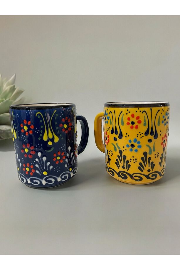 Dekoratif Çini İşlemeli Büyük Kupa, Duble Kahve Fincanı, Ayran Bardağı, Meşrubat Bardağı 2 Adet - 3