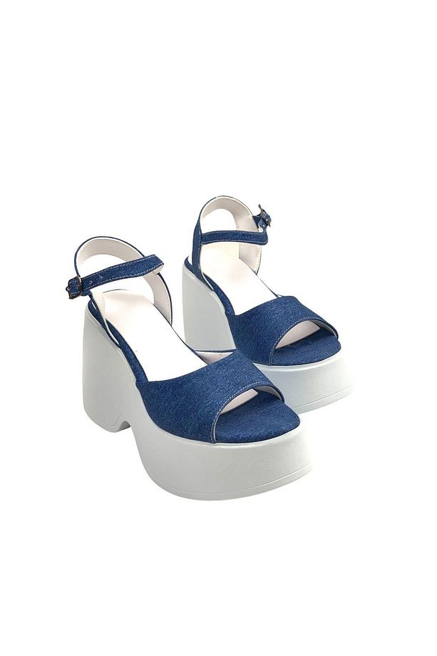 Kadın Fassa Mavi Kot Platform Yüksek Taban Tek Bant Sandalet 10Cm dlg10 - 3