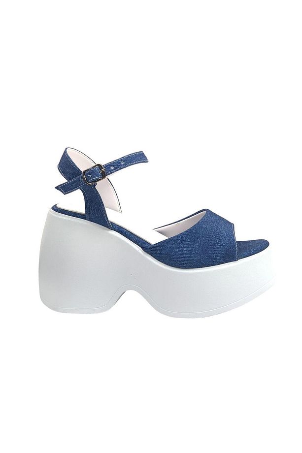 Kadın Fassa Mavi Kot Platform Yüksek Taban Tek Bant Sandalet 10Cm dlg10 - 1