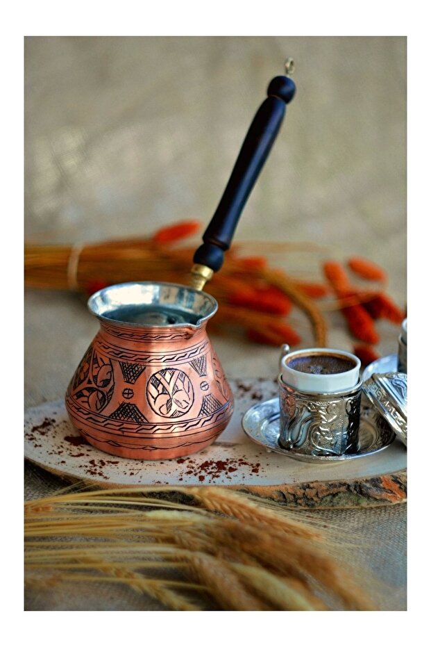 Copper Coffee Pot Embroidered Tombak Model 2 Person Copper Color