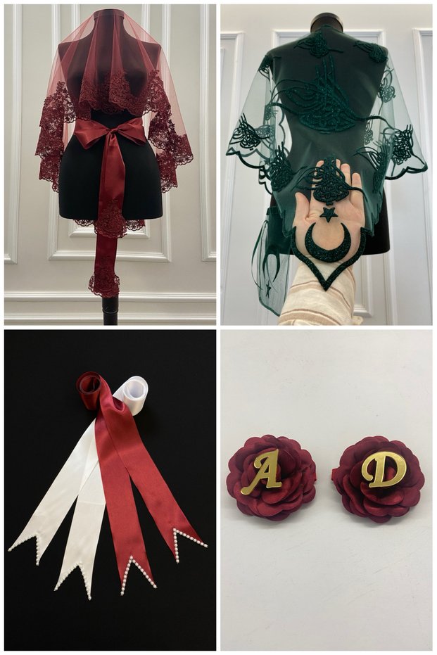 Burgundy Bridal Veil Set, Elegant Lacing, Hand Rose, Groom Shoulder Cover, Jewelry Ribbon, Henna Shawl, 10 Pieces