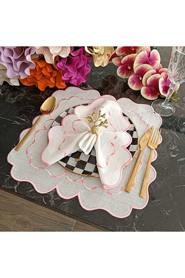 Pink and marbled pink detailed Placemat, 12 pieces, made of stain-resistant fabric.