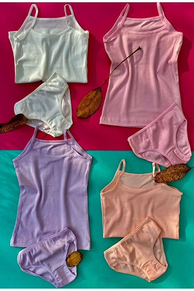 Kız Çocuk Fitilli 4 Adet İp Askılı Pamuklu Esnek Atlet ve Külot Takımı - 2