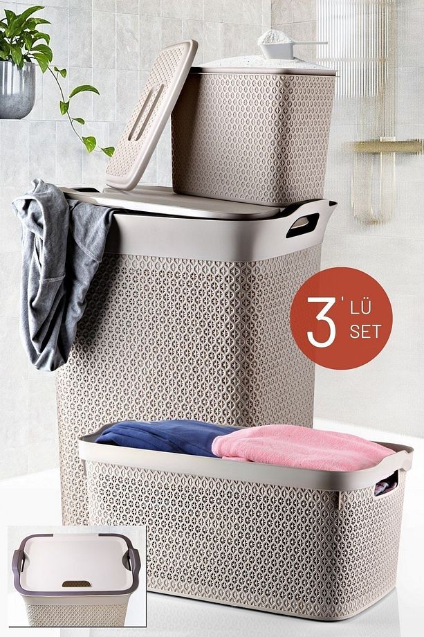 3'lü Set Dekoratif Safir Desenli Banyo Kirli Sepeti, Deterjan Kutusu Ve Çok Amaçlı Sepet - 1