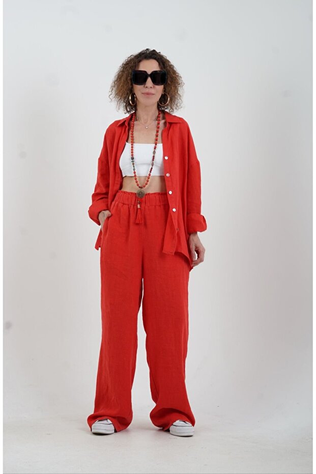 Red Natural Linen Wide Leg Trousers with Elastic Waistband