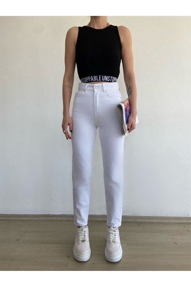 Dora 2024 High Waist Flexible Lycra White Mom Jeans Jeans