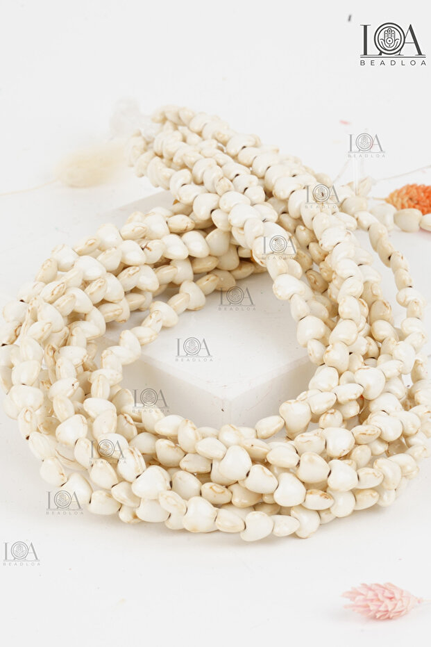 Pressed Natural Stone - Necklace Bracelet Accessory - Natural Stone Beads - 6 mm Heart-Shaped White - 25 Pieces