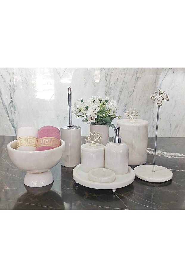 VERONICA WHITE SILVER - NATURAL WHITE MARBLE BATHROOM SET | 9 PIECES |SILVER| MARBLE VASE | BOWL TOWEL HOLDER