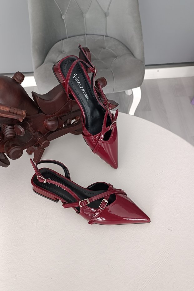 Burgundy Patent Leather 2 cm Double Belted Daily Women's Ballerina Shoes