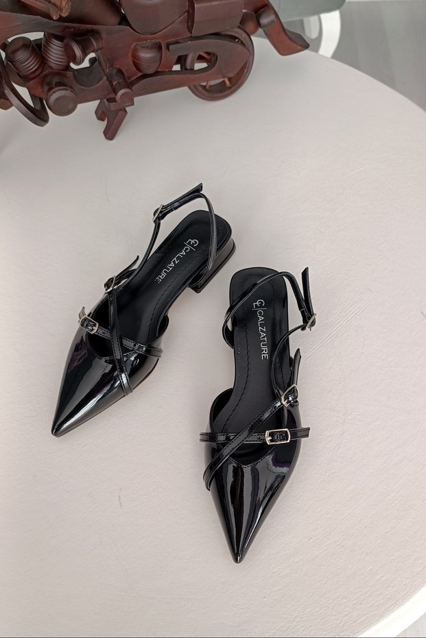 Black Patent Leather 2 cm Double Belted Daily Women's Ballerina Shoes