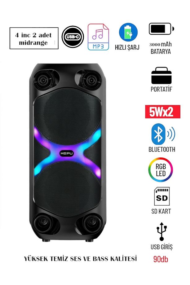 HP 960 Taşınabilir Şarjlı Rgb Led Bluetooth Hoparlör 4 inc*2 - 3
