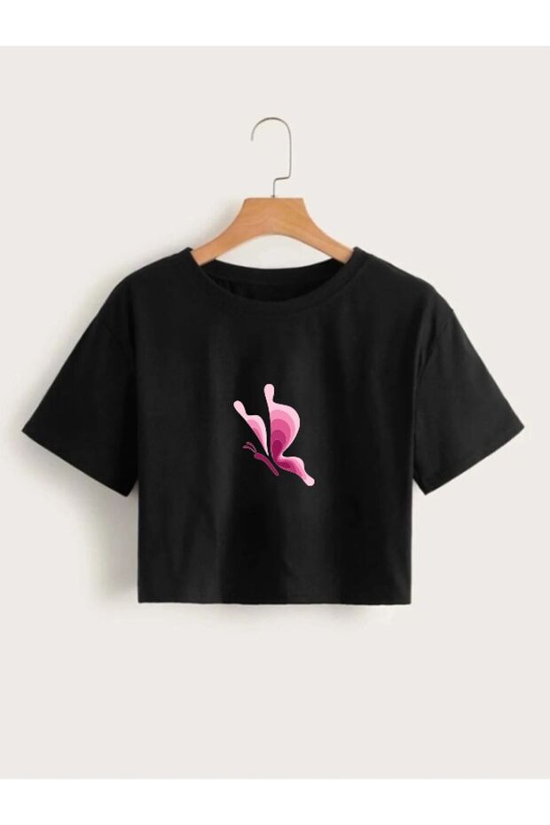Women's Black Butterfly Printed Crop Tshirt