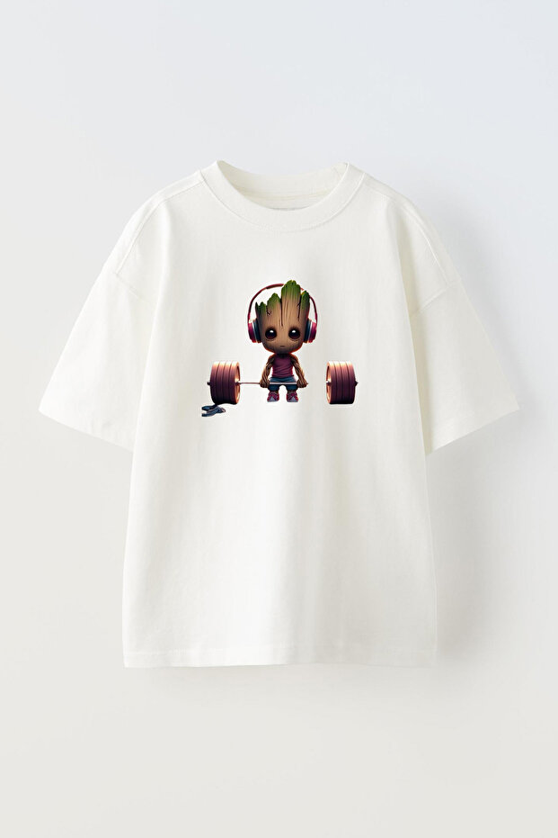 White Oversize Cotton - Tree Patterned Kids Gym T-shirt